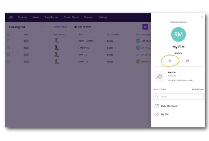 Access the account admin area by clicking on your name in the Plytix platform, then clicking on the settings icon.