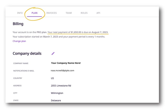 The plan tab has information about billing, company details, and your credit card information.