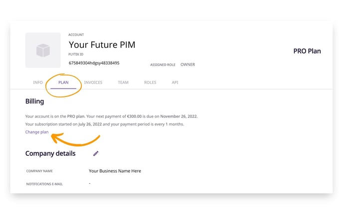 Access information about your Plytix subscription plan or change plans from the account settings area.