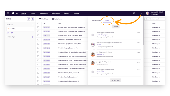 click on the activity part of the process queue to view completed actions
