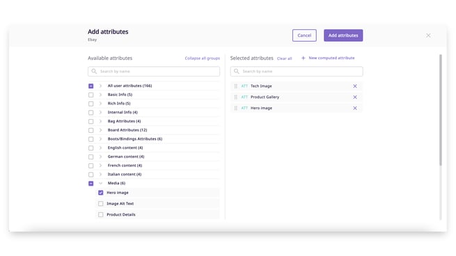 Select which attribute to add to a channel or brand portal, then click 'add attributes.'