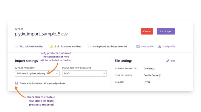 Create a static product list from import