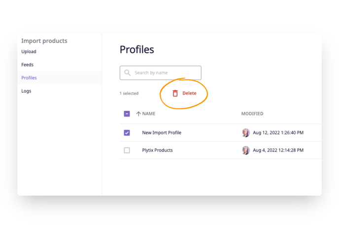 Select an import profile and click the delete icon to delete it.