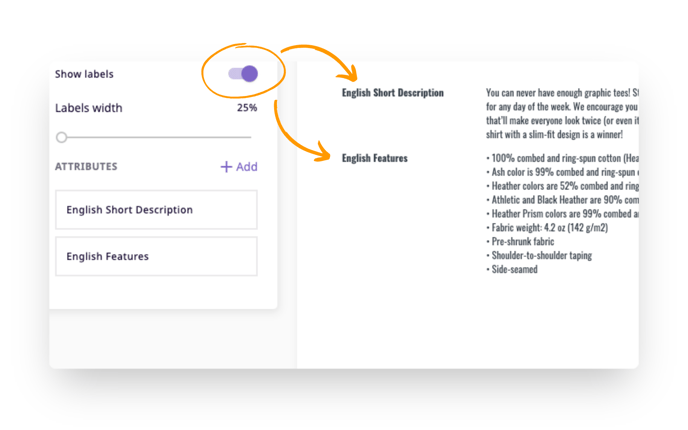 choose to turn "show labels" on or off for the attributes on your product sheet