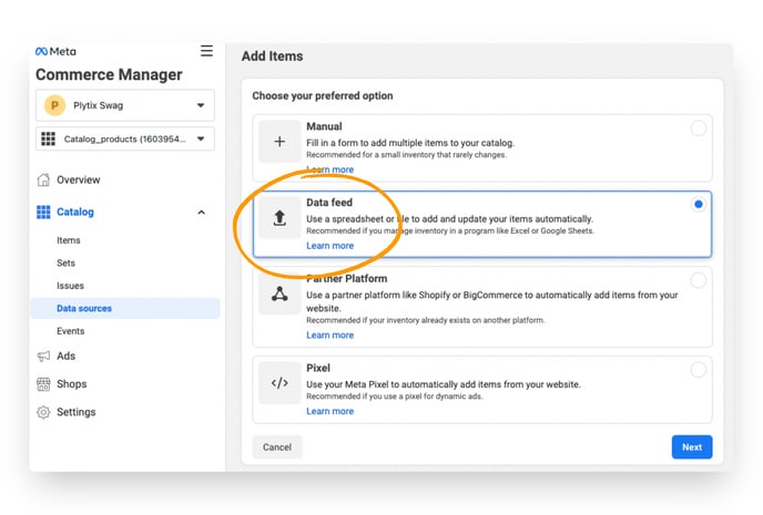 select the data feed option for uploading products to your Commerce Manager catalog