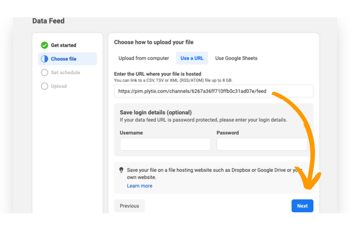 use a URL to upload your CSV feed and click next
