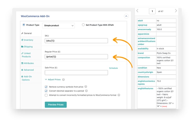 match sku and price attributes with the woocommerce add-on