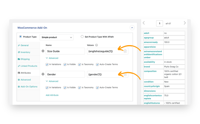 create custom attributes in the woocomerce add-on