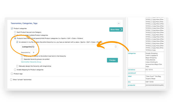 choose the 'categories' attribute to categorize your products