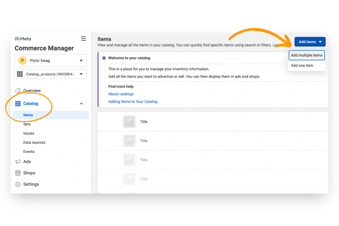 Access your catalog within Meta Commerce Manager and select 'add multiple items'