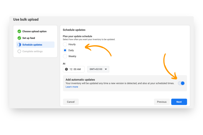 schedule updates to your Facebook catalog by choosing scheduled updates hourly, daily, or weekly