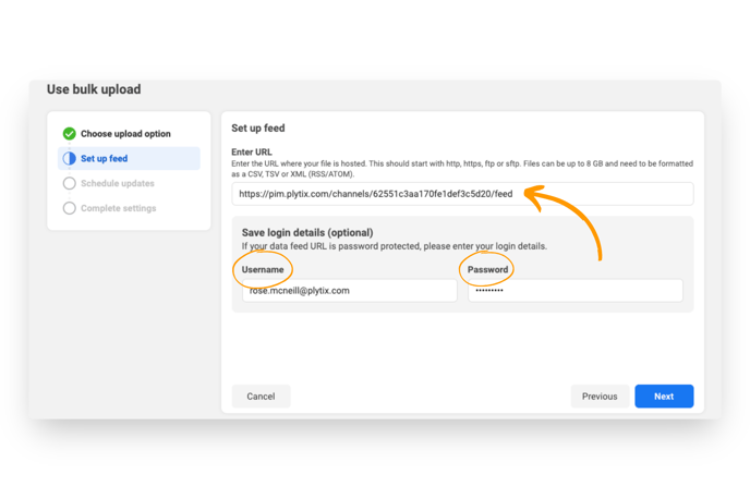 set up your data feed by pasting the link to your XML feed from Plytix