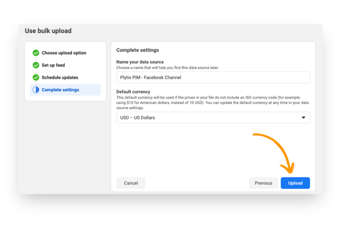 the last step to add a data feed to Meta Commerce manager is naming the feed, selecting currency, and clicking upload