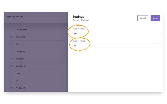 The settings of a boolean attribute can be adjusted to display different values for "true" and "false."