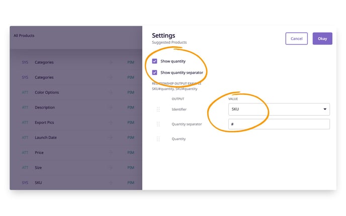 The settings for relationships allow you to set which attribute identifies related products and include quantity if desired.