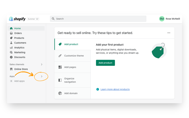 Click on the apps button to add apps in your Shopify store.