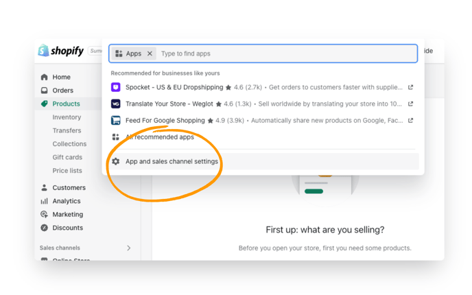 Next, select "App and Sales Channel Settings" from the dropdown menu.