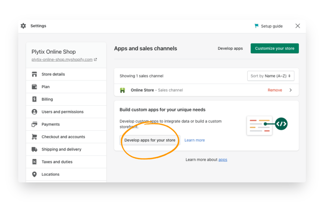 To connect Plytix to your Shopify store, click the "Develop apps for your store" button.