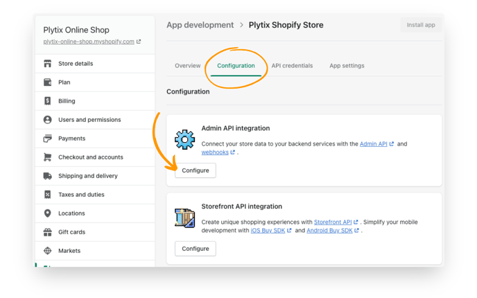 In the Admin API Integration section, click the "Configure" button.