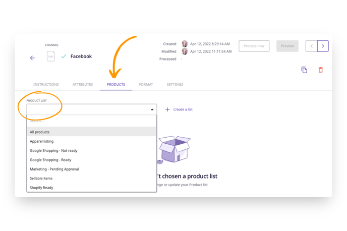 choose a product list that contains products you want to appear in your data feed