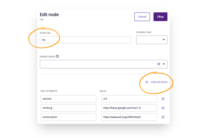 change node tag and add XML attributes to the node by clicking 'add attribute'