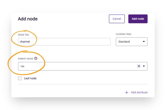 within the 'add node' panel, we add a 'channel' node with 'RSS' as its parent node