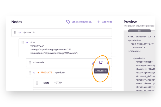 add a subnode to the 'channel' node by clicking on the 'add subnode' icon
