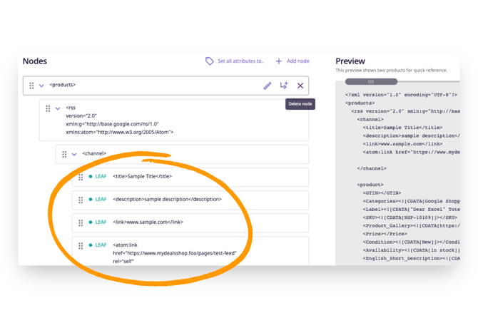 the feed builder should show four leaf nodes beneath the 'channel' node