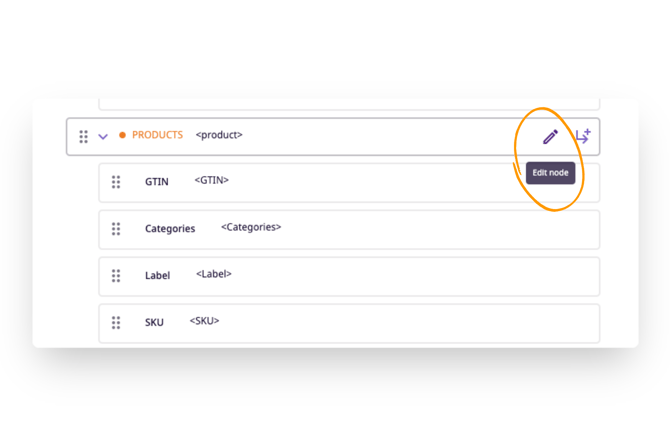 edit the 'products' node by changing its node tag to 'item'