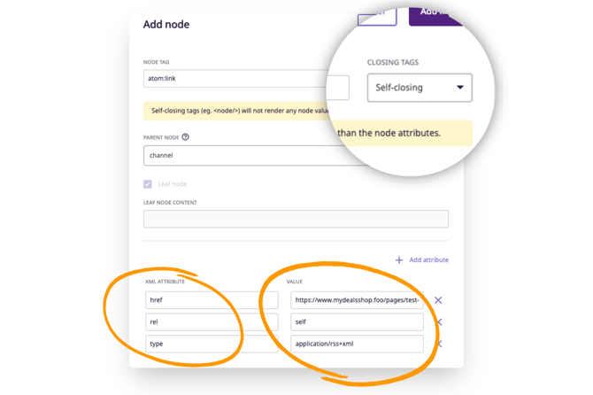 final leaf node has self-closing tags with three XML attributes