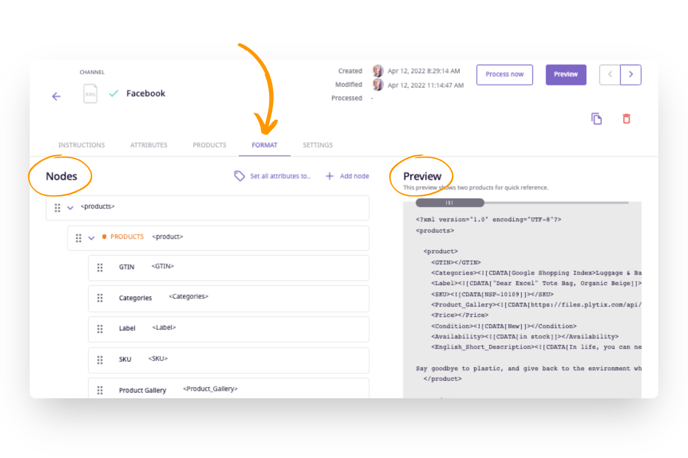 the feed builder in Plytix shows nodes for each element and a preview of the feed