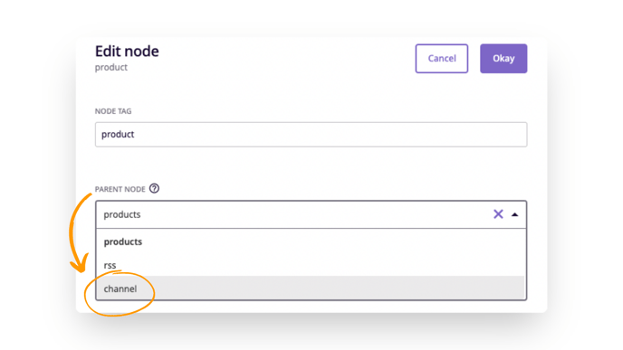 make channel the parent node of the product node by selecting it from the dropdown menu