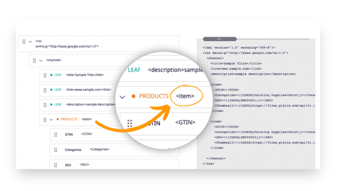 change the node tag of the products node to say 'item'