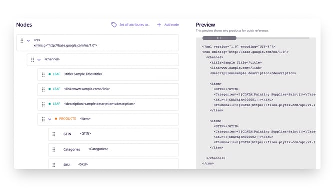 comparison of the feed builder and preview of the feed, which now conforms to Google