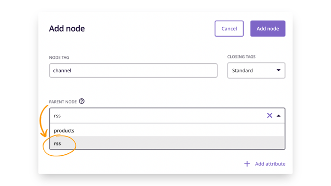 select RSS to be the parent node of the 'channel' node