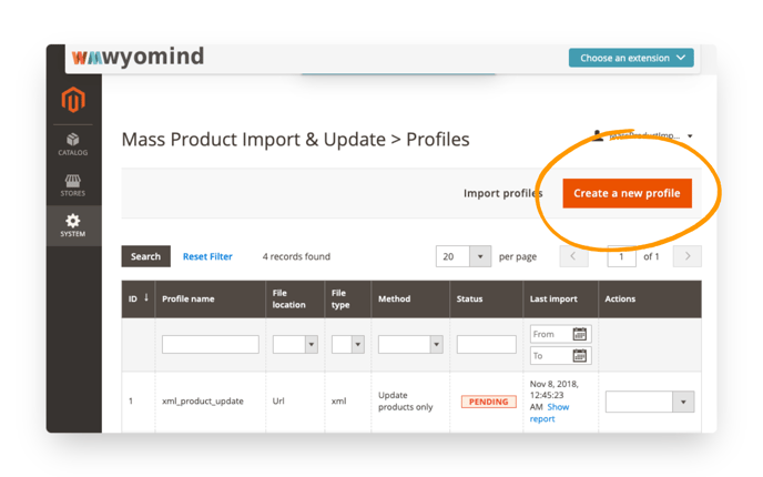 Create a new import profile on Wyomind from the System tab.