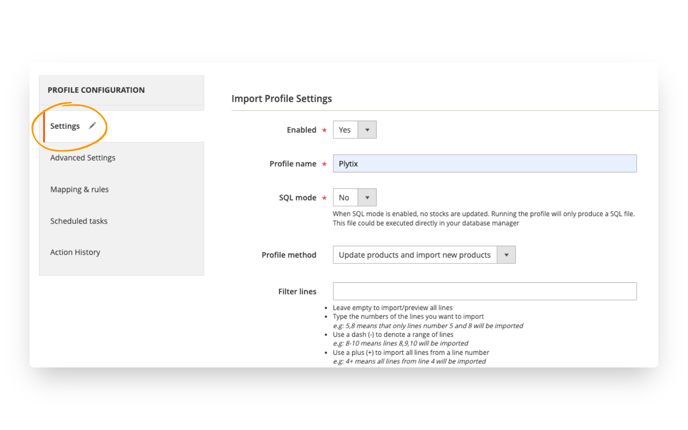 To create a new import profile, adjust the settings