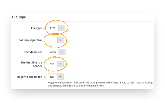 To create a new import profile, adjust the file type