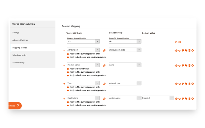 To create a new import profile, map your columns to the target attributes in Magento