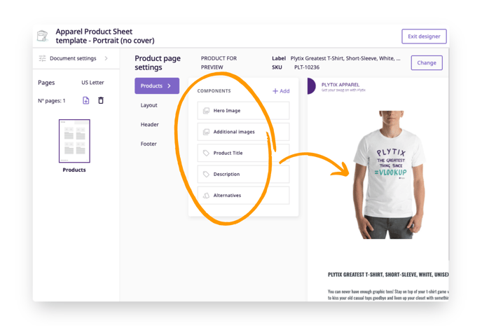 Change product sheet setting by adding, removing, or editing components within the designer