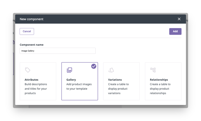 add images to your product sheet by selecting a gallery component