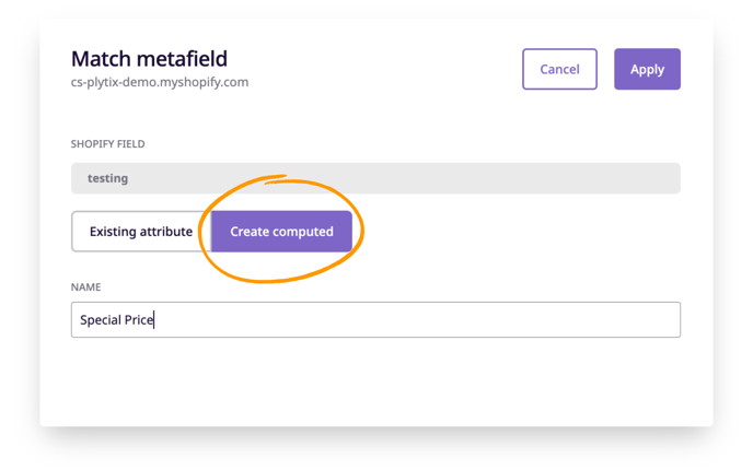 create a computed attribute to match to your Shopify metafield if you need to add a value that is not stored in Plytix