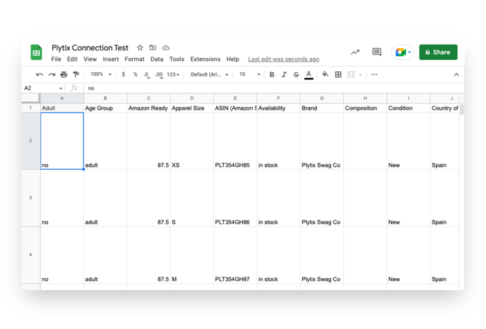 The "import data" function will populate your google sheet with info. from Plytix.