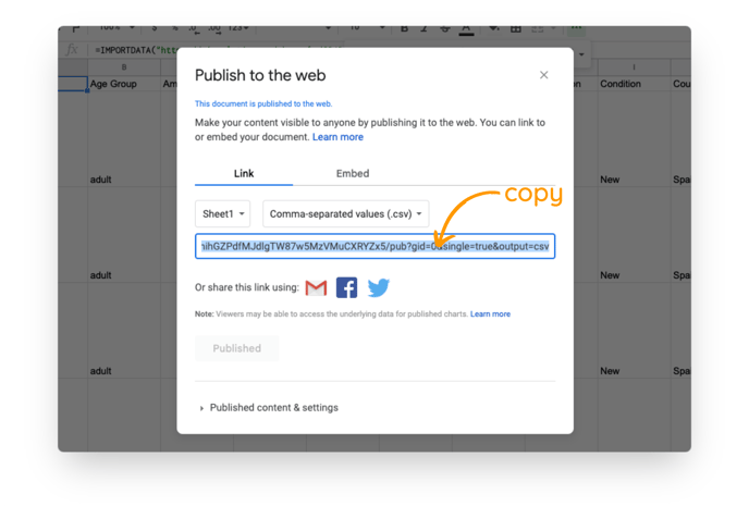 Once your spreadsheet is published, copy the link.