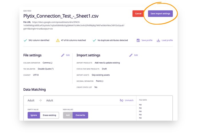 After checking the data matching, save your import feed settings.