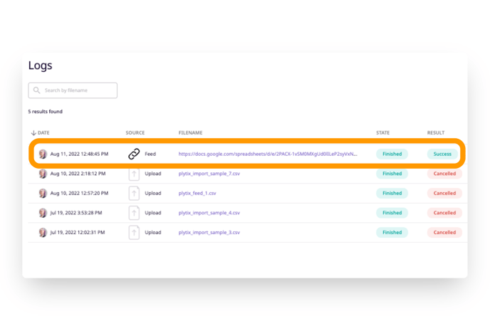 See a record of feed activity in the "logs" section.