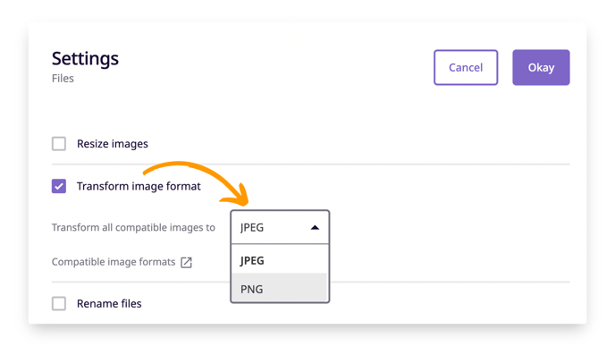 transform image format to jpeg or png by selecting from the dropdown