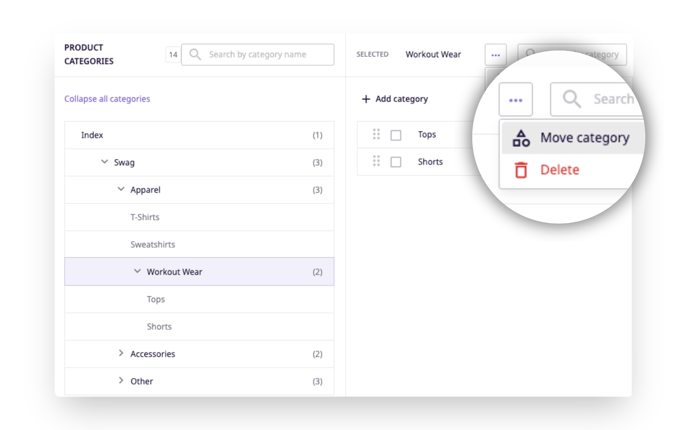 Move a category by selecting it or selecting the button at the top of the right column.
