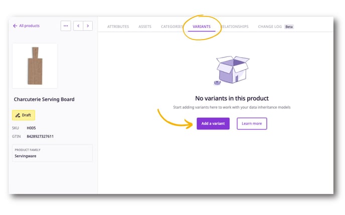 You can add variants to a product from the 'Variants' tab of a product detail page.