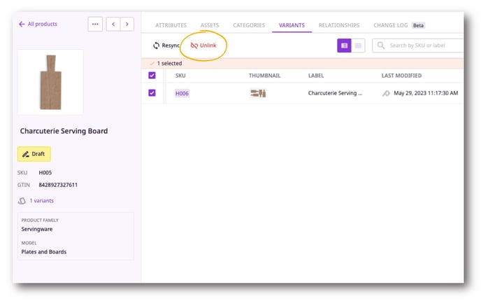To unlink a variant product, simply select it from the 'Variants' tab of the parent product and select 'Unlink.'